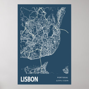 Lissabon Portugal City Map Line Art Blue Print