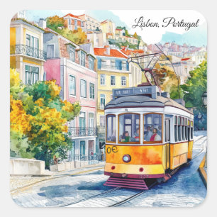 Lissabon Portugal Kleurrijk Oud Tram Scene Vierkante Sticker