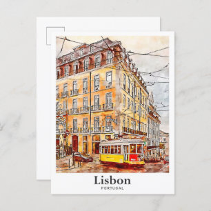Lissabon Portugal Travel Waterverf Hand getekend Briefkaart