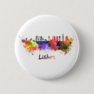 Lissabon-skyline in waterverf ronde button 5,7 cm
