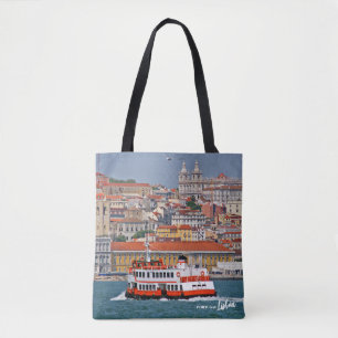 Lissabon skyline met oude veerboot op de Taag Draagtas