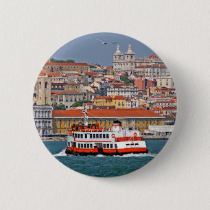 Lissabon skyline met oude veerboot op de Taag Ronde Button 5,7 Cm
