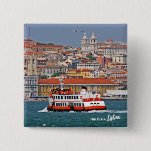 Lissabon skyline met oude veerboot op de Taag Vierkante Button 5,1 Cm
