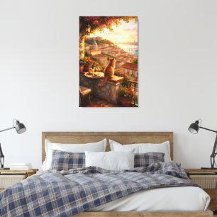 Lissabon Zonsondergang Uitzicht met Kat Canvas Afdruk