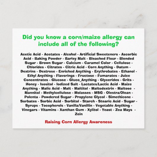 Liste d'allergies au maïs - Carte postale (Devant)