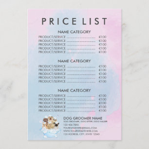 Liste de prix du spa pour chiots Menu de toilettag