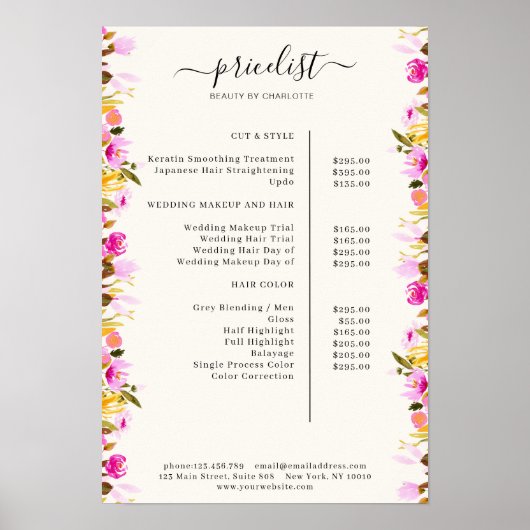 Liste de prix florale affiche (Devant)