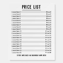 Liste de prix. Jusqu'à 20 articles & Prix sur un t
