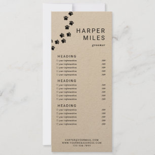 Liste de prix ou carte de services du chemin de la