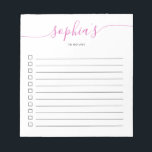 Liste des tâches Bloc-notes rose de script<br><div class="desc">Liste de choses à faire simple avec votre nom et script chic.</div>