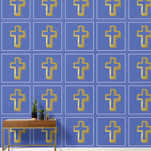 Lit Golden Cross Christelijk Iris Blue Squares Behang