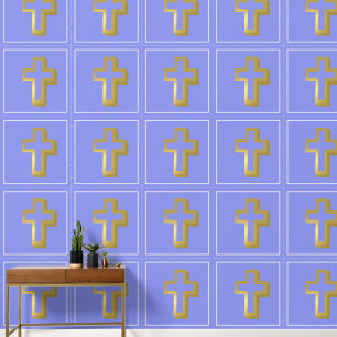 Lit Golden Cross Christian Pattern, Lavender Blue Behang