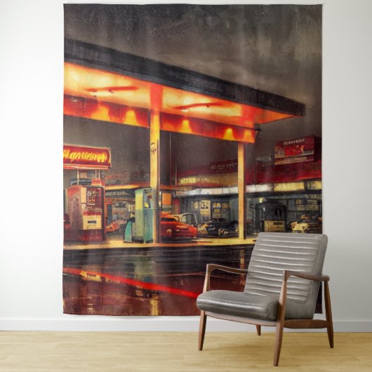 Lit Up Gas Station 1950 Wandkleed (In situ)