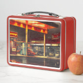 Lit Up Gas Station 1950s Metal Lunch Box (In situ)