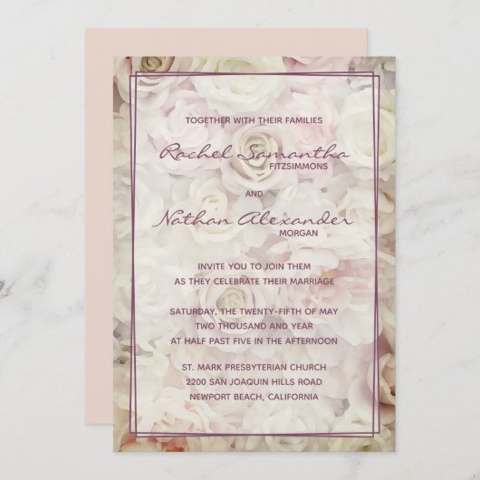 Lit vintage des invitations de mariage Rose (Devant / Derrière)