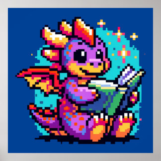 Literaire draak: 8-bit boekenworm fantasie poster