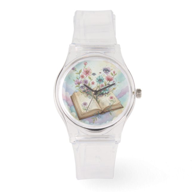 Literary Bloom: Open Book & Wildflower Psychedelic Horloge (Voorkant)