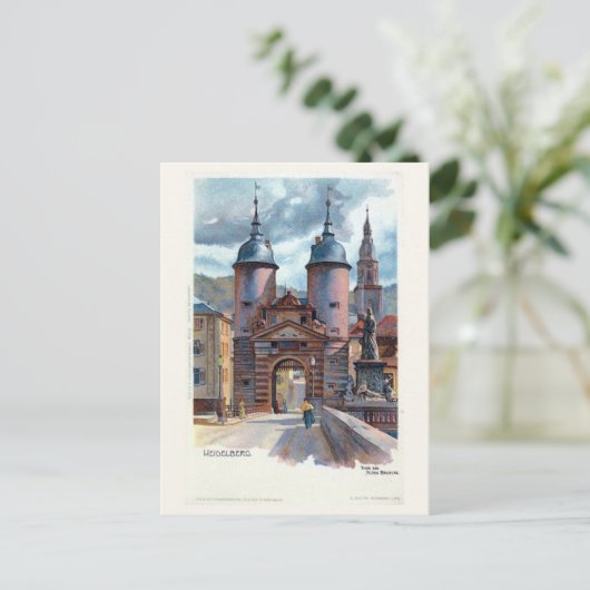  Litho Heidelberg Old Bridge Gate Briefkaart (Staand voorkant)