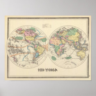Lithografie-Wereldkaart Poster