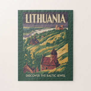 Lithuania Landschap Illustratie Reis Kunst Retro Legpuzzel