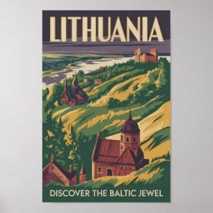 Lithuania Landschap Illustratie Reis Kunst Retro Poster
