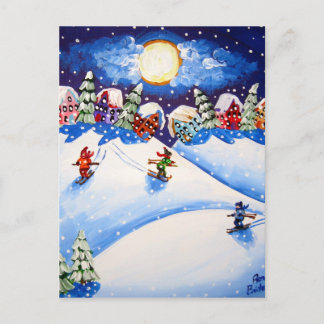 Litte Skiers Winter Folk Art Briefkaart