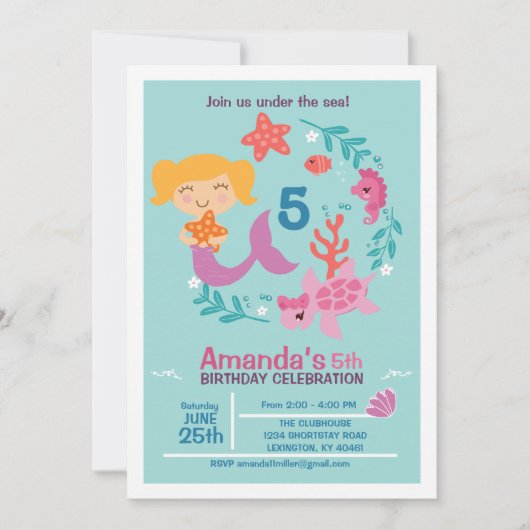 Littel Mermaid Invitation de fête d'anniversaire (Devant)
