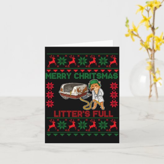 Litter's Full Merry Christmas Funny Cat Lover Ugly Kaart (Gele Bloem)