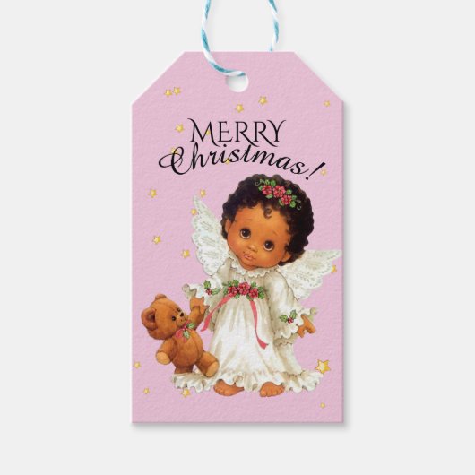 Little Angel met Teddy Bear Afrocentric Kerstmis Cadeaulabel (Voorkant)