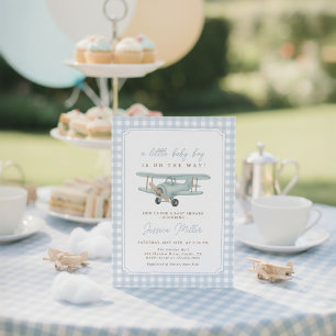 Little Aviator Blauwe Gingham Jongens Baby Shower Kaart