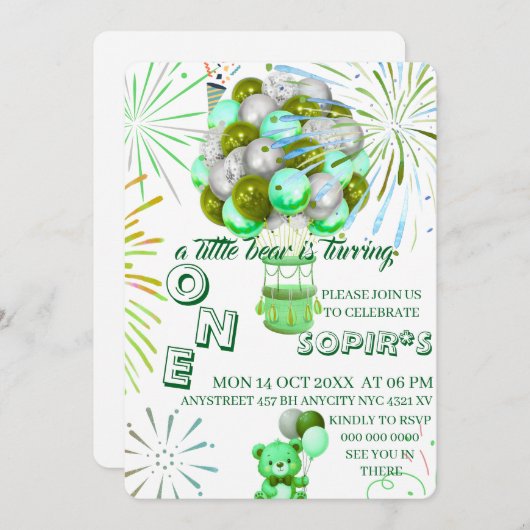 Little Bear First Birthday Invitation with Photo, (Devant / Derrière)