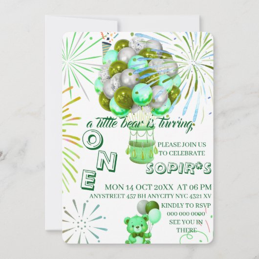Little Bear First Birthday Invitation with Photo,  (Devant)