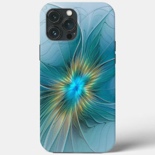 Little Beauty Modern Blue Gold Fractal Art Flower iPhone 13 Pro Max Hoesje
