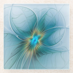Little Beauty Modern Blue Gold Fractal Art Flower Glazen Onderzetter
