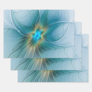 Little Beauty Modern Blue Gold Fractal Art Flower Inpakpapier Vel