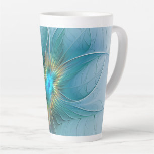 Little Beauty Modern Blue Gold Fractal Art Flower Latte Mok