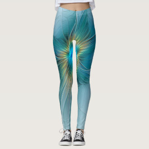 Little Beauty Modern Blue Gold Fractal Art Flower Leggings