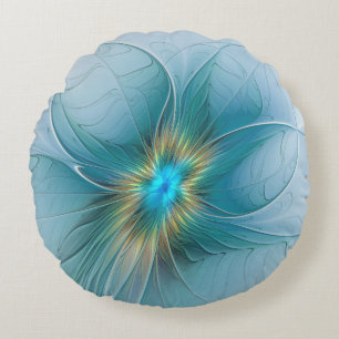 Little Beauty Modern Blue Gold Fractal Art Flower Rond Kussen