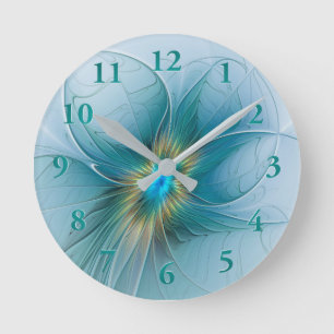Little Beauty Modern Blue Gold Fractal Art Flower Ronde Klok