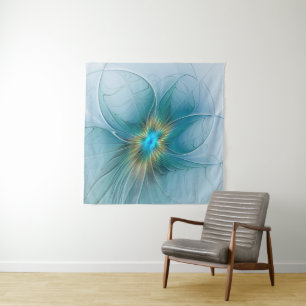 Little Beauty Modern Blue Gold Fractal Art Flower Wandkleed