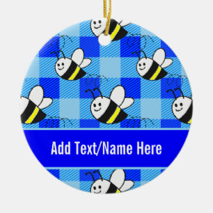 Little Bee Blue Plaid Pattern Aangepaste naam Keramisch Ornament