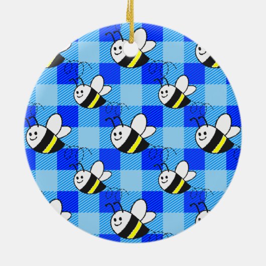 Little Bee Blue Plaid Pattern Aangepaste naam Keramisch Ornament (Achterkant)