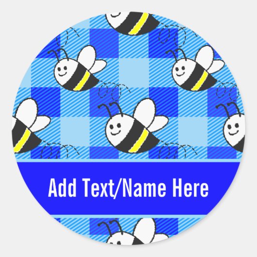 Little Bee Blue Plaid Pattern Aangepaste naam Ronde Sticker (Voorkant)