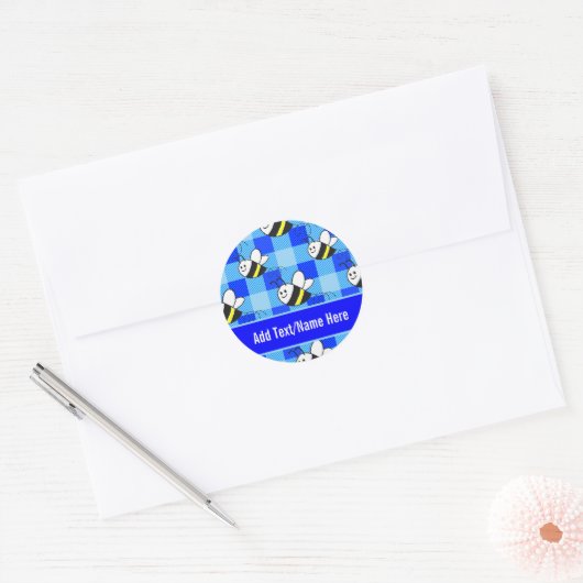 Little Bee Blue Plaid Pattern Aangepaste naam Ronde Sticker (Envelop)