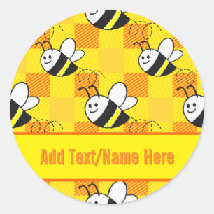 Little Bee Yellow en Sinaasappel Plaid Custom Name Ronde Sticker