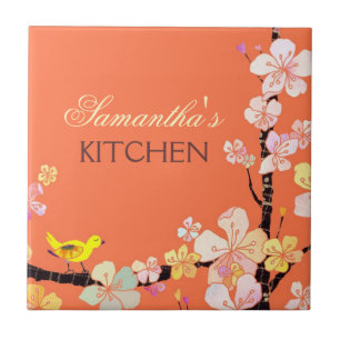 Little Bird and Sakura Flowers Kitchen Trivet Deco Tegeltje