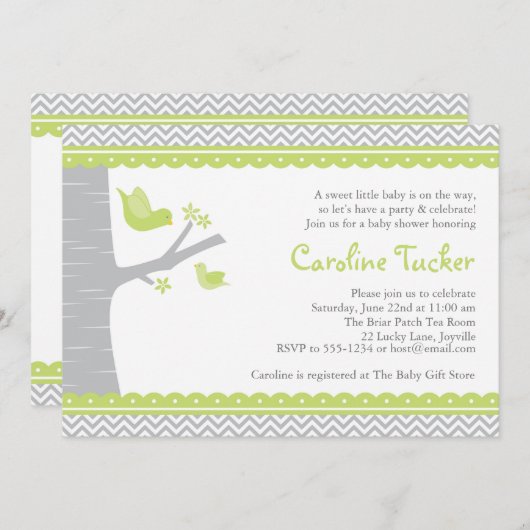 Little Bird Baby shower Invitation, Green and Grey Kaart (Voorkant / Achterkant)