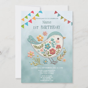 Little Bird Blauw Roze Bloemen Verjaardagsfeest Kaart