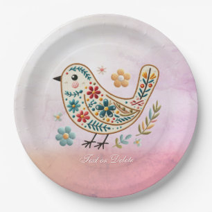 Little Bird Bloemen Borduurwerk Roze Papier Bord