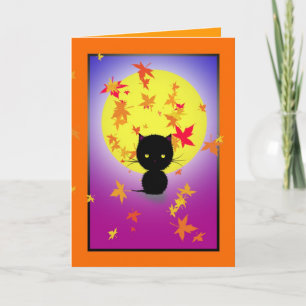 Little Black Cat en Autumn Leaves Halloween Kaart